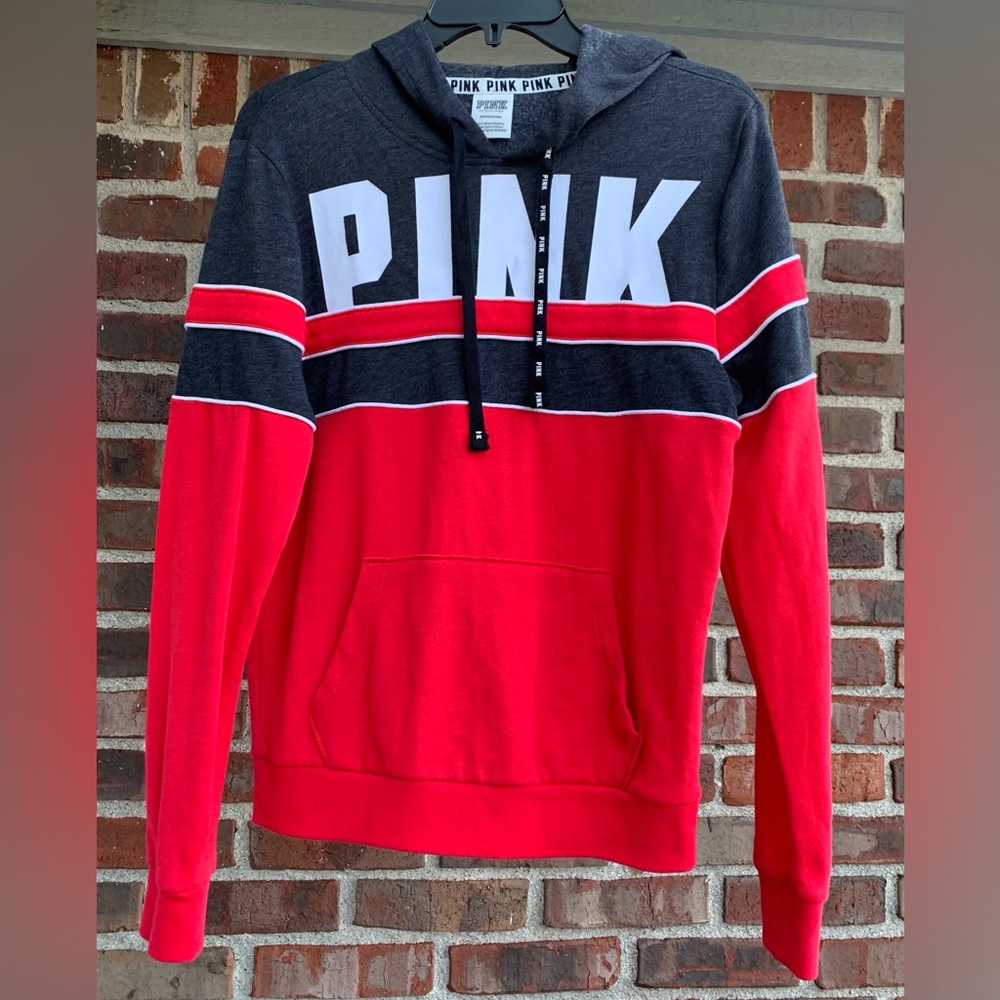 PINK Victoria's Secret Red and Gray Pullover Hoodie